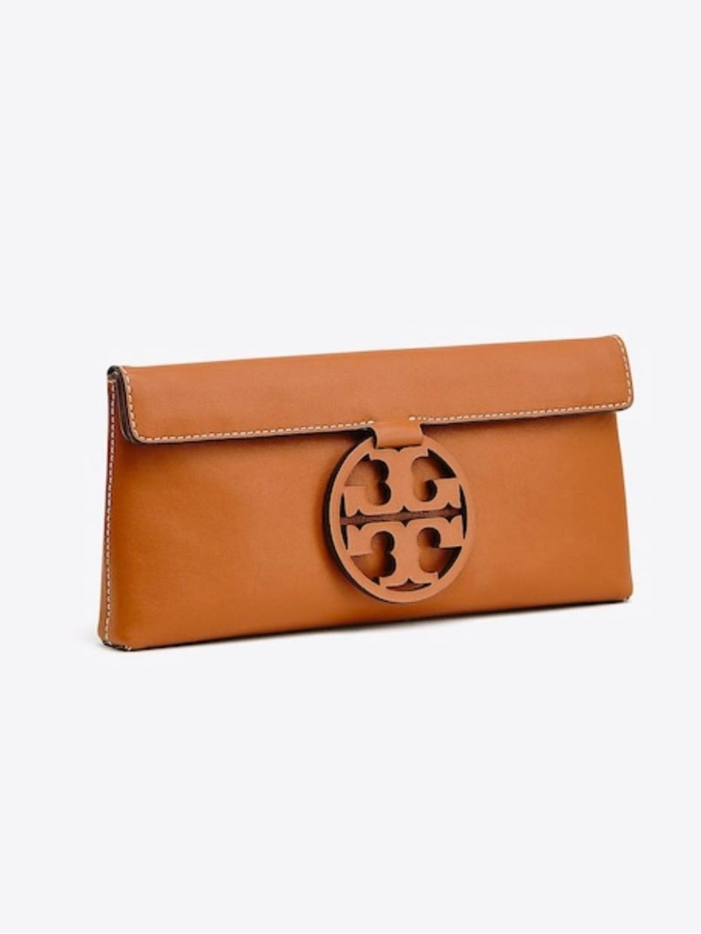 Tory Burch Leather Clutch in Cognac Tan with Logo Accent